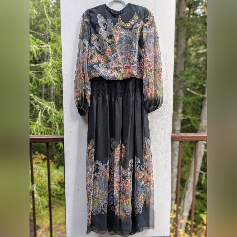 Vintage Floral Long Sleeve Chiffon Dress